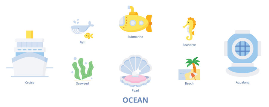 Ocean Banner Flat Web Icon Set Vector Illustration, Seaweed Cruise Fish Pearl Submarine Seahorse Aqualung Beach