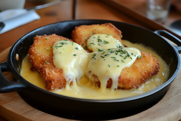 Delicious Fried Cheese with Melted Cheese and Herbs in a Black Pan Close-Up