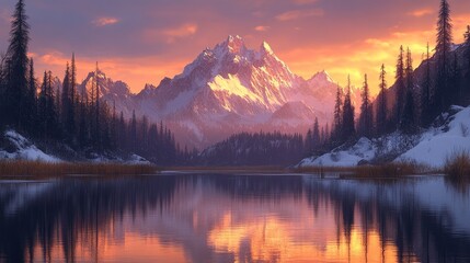 Fototapeta premium Serene mountain lake reflects vibrant sunset hues amidst snowy peaks and evergreen forests landscape scenic for nature exploration