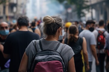 Evacuation of people from high-risk areas, with confused and anxious residents walking through the streets. 