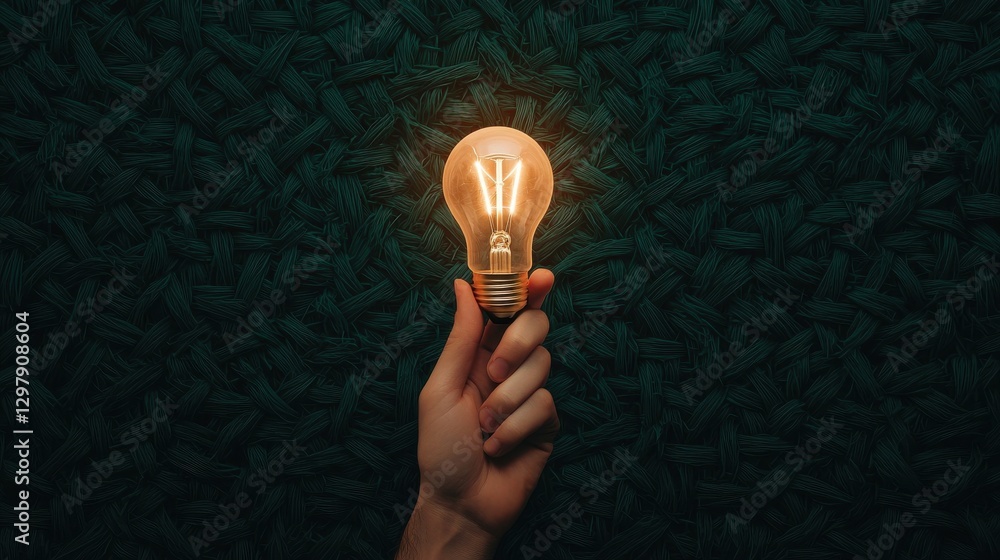 Poster creative problem solving concept. hand holding illuminated lightbulb in mysterious dark maze symboli