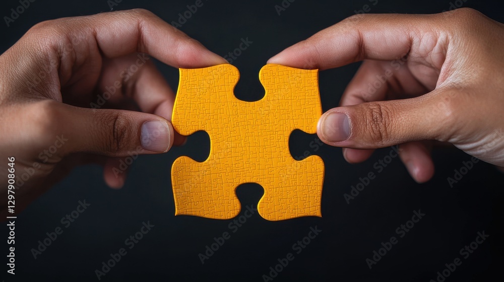 Poster creative problem solving concept. hands assembling glowing puzzle collaborative problem solving and 