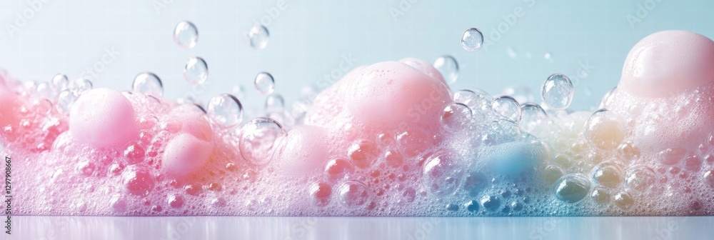 Poster Soft pastel soap bubbles floating on a light background creating a dreamy atmosphere. Generative AI