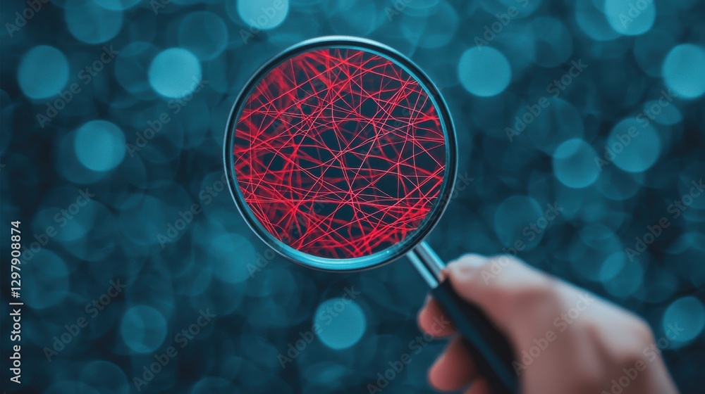 Poster creative problem solving concept. magnifying glass over tangled web of intricate digital patterns an