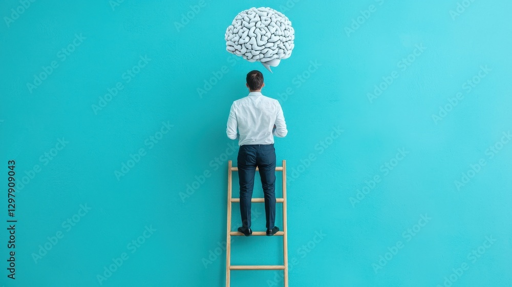 Poster creative problem solving concept. person ascending a ladder of floating ideas symbolizing innovation