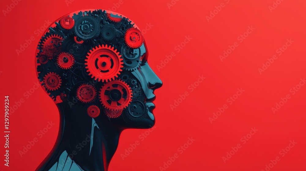 Poster creative problem solving concept. rotating glowing digital gears in transparent surreal concept