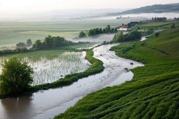 Obraz premium Flooding of agricultural land where water flows into the fields due to storm surges. 