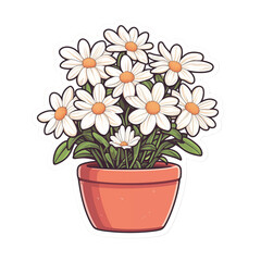 Fototapeta premium Cute and kawaii daisy flower sticker in flat vector style, minimal design with bright colors, white outline, adorable floral illustration for decor and DIY