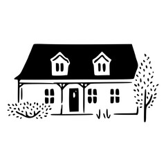 simple house vector illustration with tree and bushes