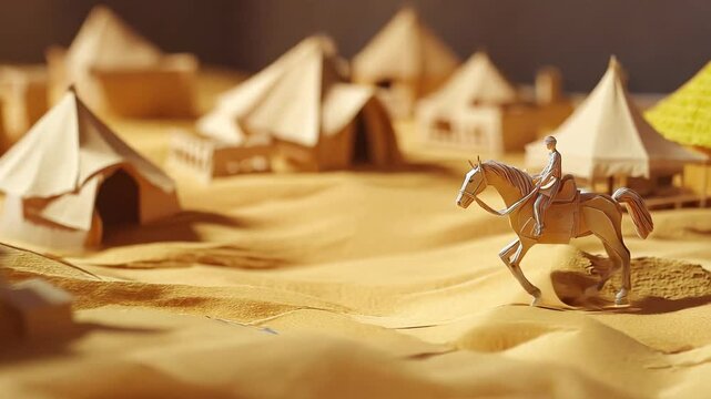A beautifully crafted paper art scene depicting a nomadic rider on horseback traversing a desert village made of paper tents and structures. The warm lighting and delicate details create a mesmerizing