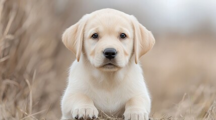 Cute Labrador puppy outdoors, autumnal background, pet adoption