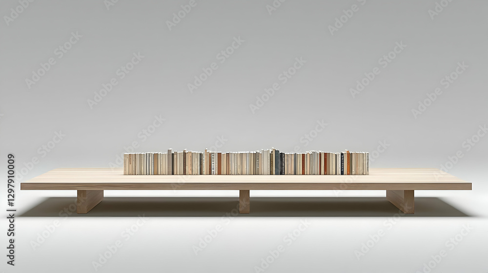 Poster row of assorted books stacked on wooden table in front of white background