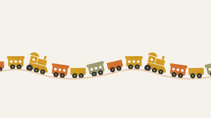 Little wooden train horizontal composition. Children toy. Locomotive and wagon. Vector illustration © Maria
