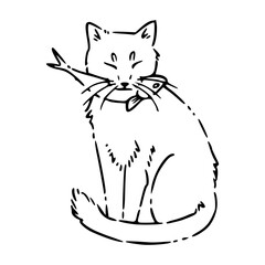 black and white sketch of a cat eat fish