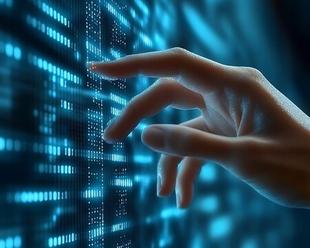 Hand touching digital code; data flow background