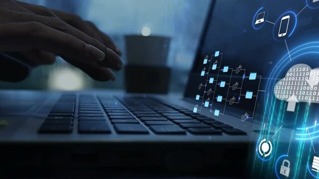 Businesswoman using computer, futuristic holographic interface on cloud, document folder and data scanning digital document storage software, cloud computing database and document management paperless