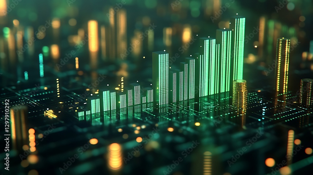 Poster digital financial growth with upward arrow and coins, a digital representation of financial growth w