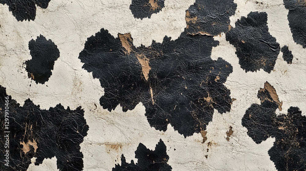 Poster a cowhide pattern with black and white splotches.