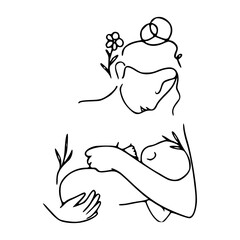 simple mother and child outline with botanical elements
