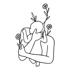 simple mother and child outline with botanical elements