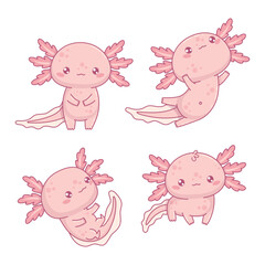 Cute pink Axolotl collection. isolated Little cartoon kawaii character mascot animal. Vector illustration