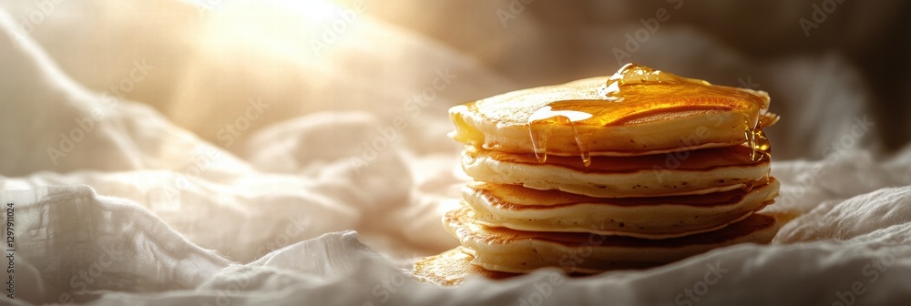 Poster delicious stack of fluffy pancakes drizzled with warm syrup on a soft cloth in morning sunlight. gen