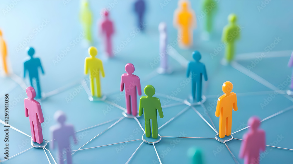 Poster colorful miniature figures connected by lines representing networking and business relationships on 