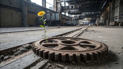 A conceptual photograph of a rusted gear on a factory floor, with a single flower growing through the cracks, symbolizing the resilience of nature amidst industrial decay