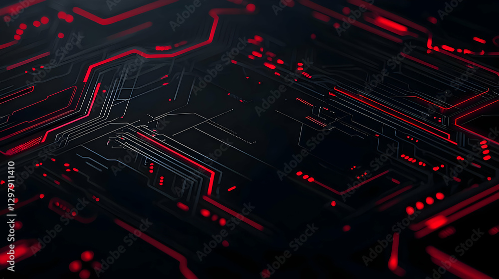 Aufkleber abstract circuit board design with red lines and electronic components on a black background