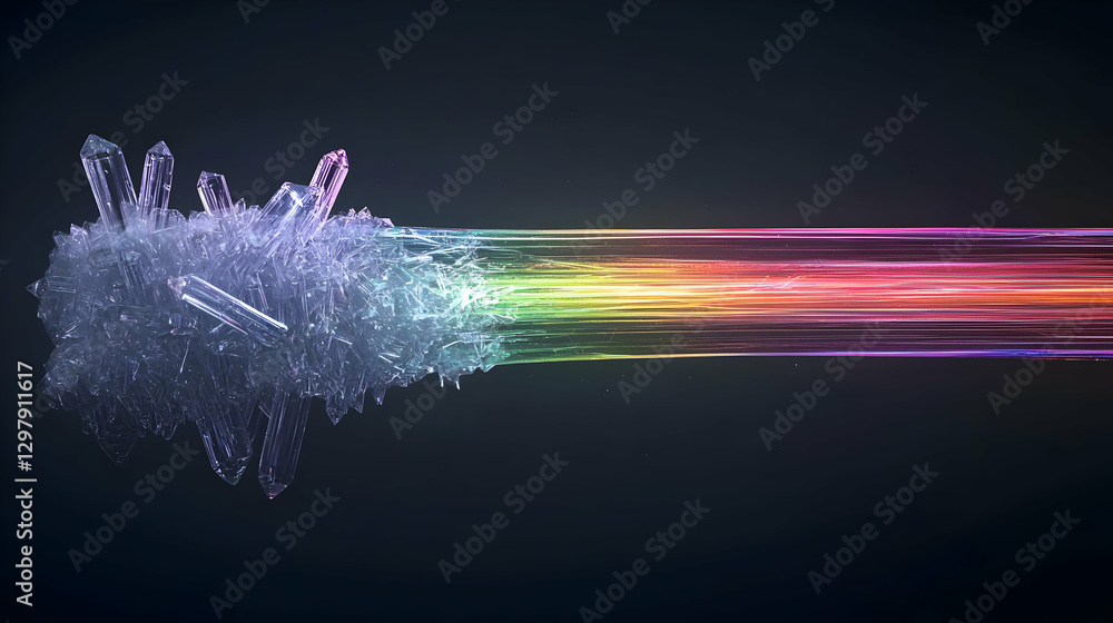Poster abstract digital art showing a rainbow effect bursting from a pixelated cloud on a dark background