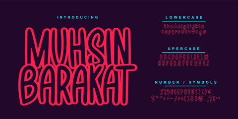 Monoline style font "Muhsin Barakat"  design, set of alphabet letters and numbers vector illustration