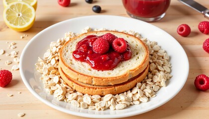 Delicious toast with raspberry jam and oats on wooden table