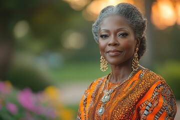 Fototapeta premium Elegant portrait of a graceful woman in colorful traditional attire at sunset