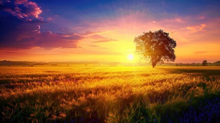 Fototapeta premium Beautiful spring field view at sunset scene view background. AI generated image