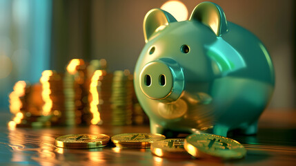 Green pig piggy bank next to a stack of gold coins,. Investment success, savings concept
