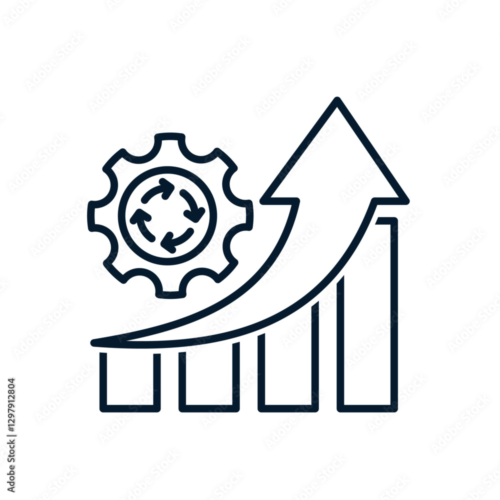 Poster chart, up arrow, gear. process optimization concept. vector linear icon isolated on white background