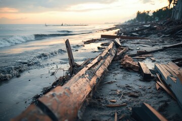 Destroyed natural features, such as beaches or coastlines, after a natural disaster.