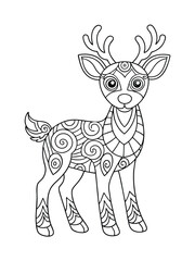 Deer with Tribal Zentangle Designs – Spirit Animal Adult Coloring Page on White Background