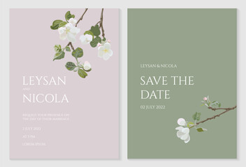 Wedding invitation with blossoming apple tree branches. Card template in soft green and pink tones.