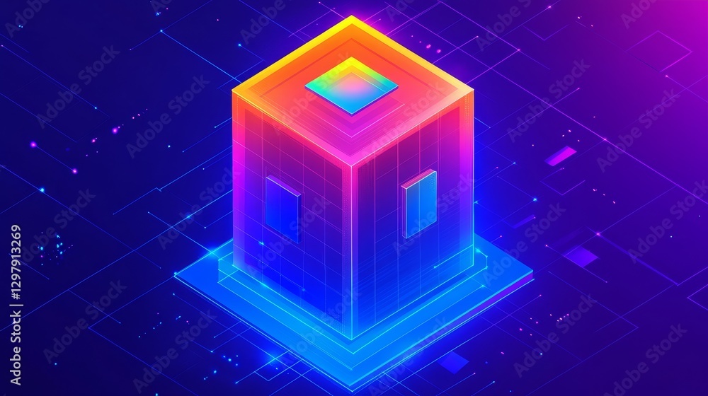 Aufkleber vibrant futuristic isometric cube design on a dark backdrop perfect for digital interfaces and conce