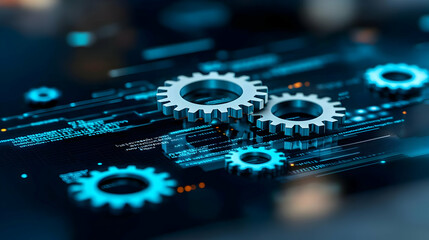 Obraz premium Metal Gear Cogs On Digital Circuit Board With Blue Illumination Abstract Background