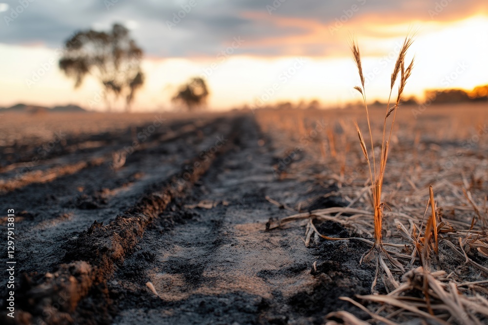 Poster burnt landscapes and empty fields after forest fires, with visible traces of fire.