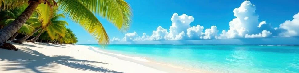 Obraz premium Azure waters lap pristine sands, palm trees sway gently in the breeze , tropical, escape, horizon