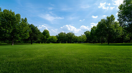 Expansive Green Field With Lush Grass Under Bright Blue Sky and Tree Line