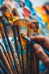Fototapeta premium Hand selecting paintbrush from colorful set.