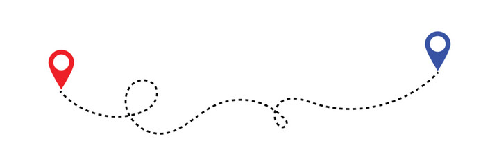 Dotted path line with red points. Travel concept with path way. Vector flat map way isolated. Vector illustration in eps 10.