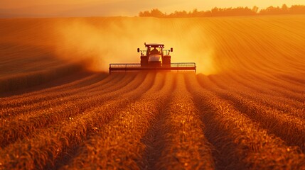 Fototapeta premium A tractor harvesting crops at sunset, surrounded by golden fields.