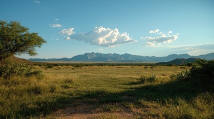 Expansive view of grass field with distant mountains against a blue sky