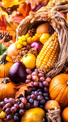 Autumn cornucopia overflowing with fall produce