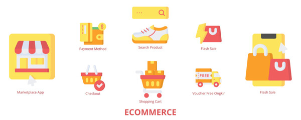 Ecommerce Flat Banner Web Icon Set Vector Illustration, Marketplace App Online Shop Shopping Cart Payment Method Search Product Checkout Voucher Free Ongkir Flash Sale